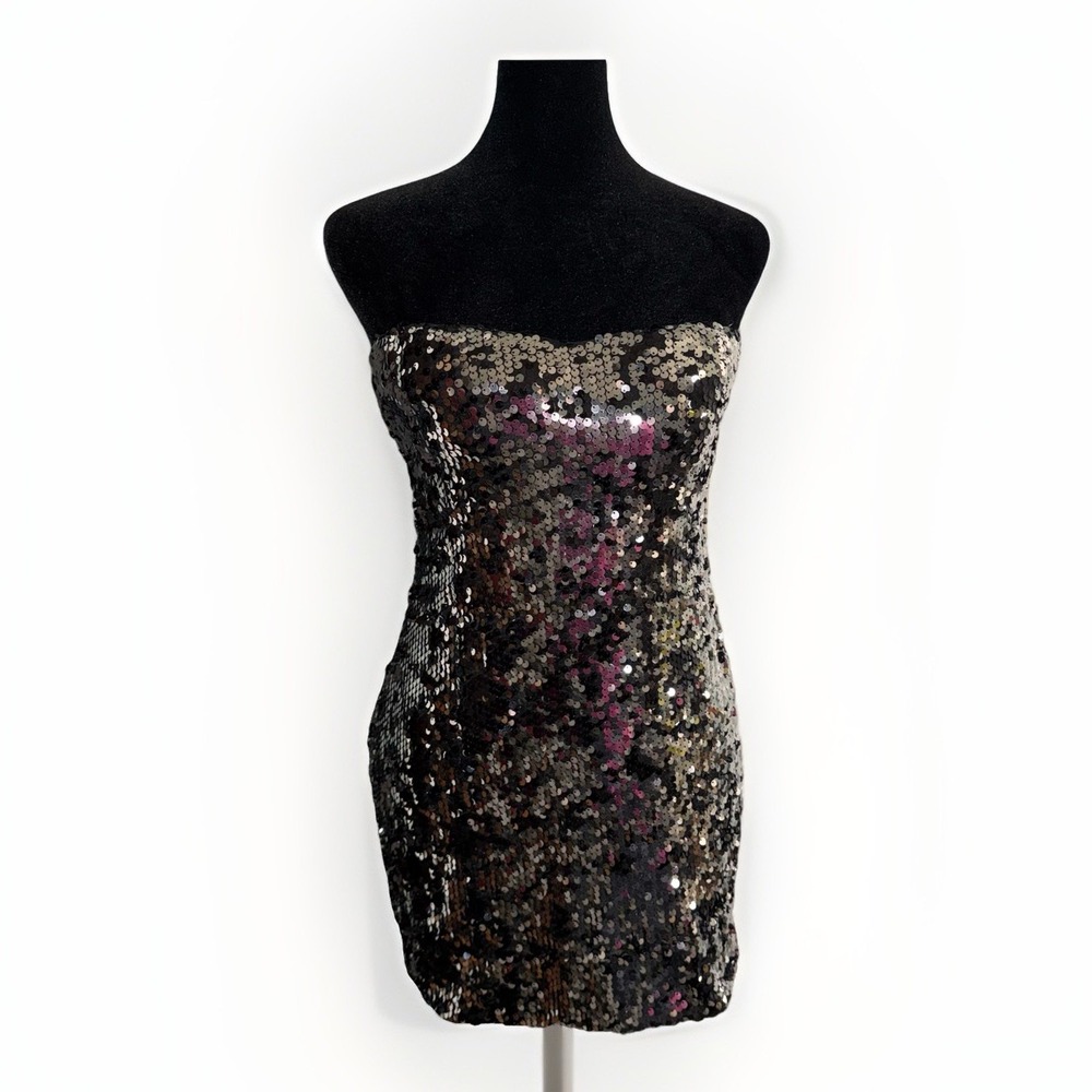 AUW Women's Strapless Mini Fitted Sequin Dress Size Medium Lined Black & Silver